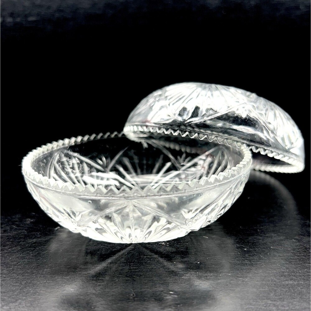 Vintage KIG Malaysia- 2 Clear Glass Bowls or Trinket Dish w/ Lid Saw Tooth Rims